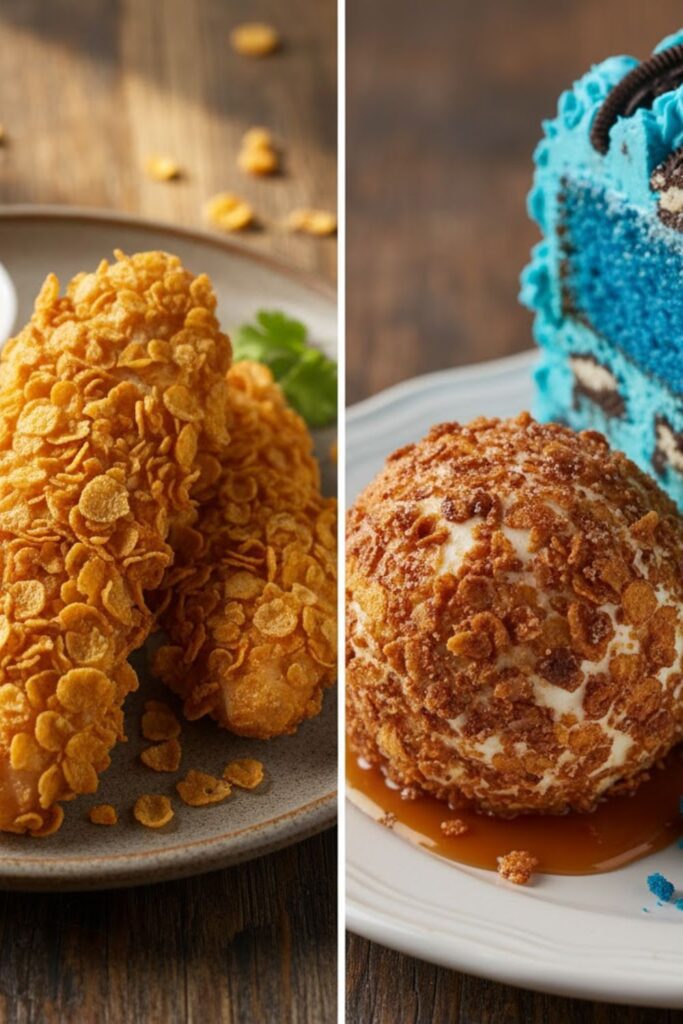 A side-by-side image: On the left, a plate of perfectly baked chicken tenders coated in the savory Cornflake coating with a side of dipping sauce. On the right, a close-up of a deep-fried ice cream ball coated in the sweet cinnamon sugar Cornflake coating, placed next to a slice of vibrant blue cookie monster cake.