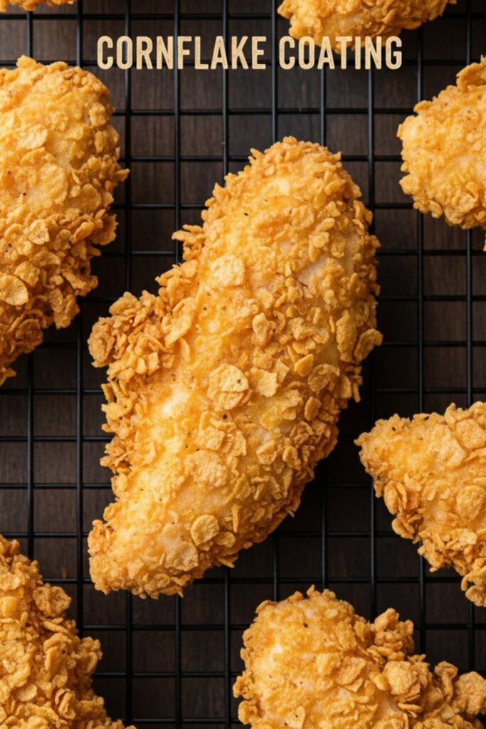 A close-up, top-down shot of perfectly golden-brown, crispy chicken tenders generously coated in a shimmering Cornflake coating, resting on a wire rack. The text overlay reads: CORNFLAKE COATING.