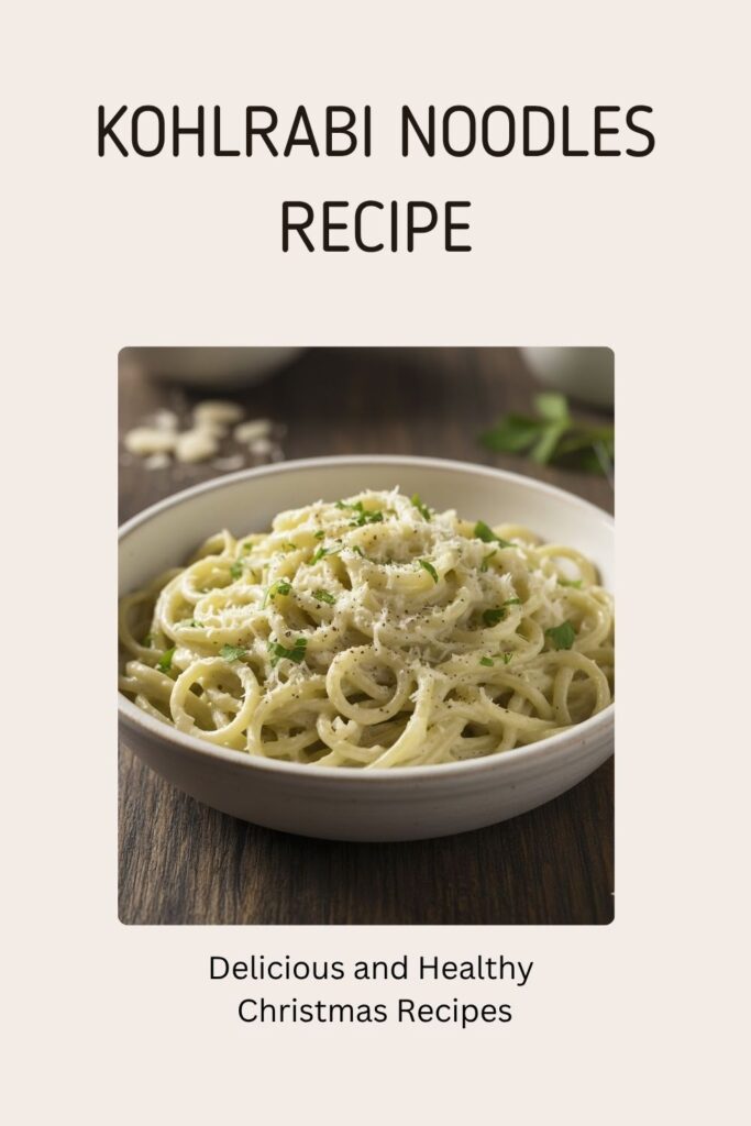 A bowl of kohlrabi noodles (spiralized kohlrabi) coated in a creamy Parmesan sauce, garnished with parsley.