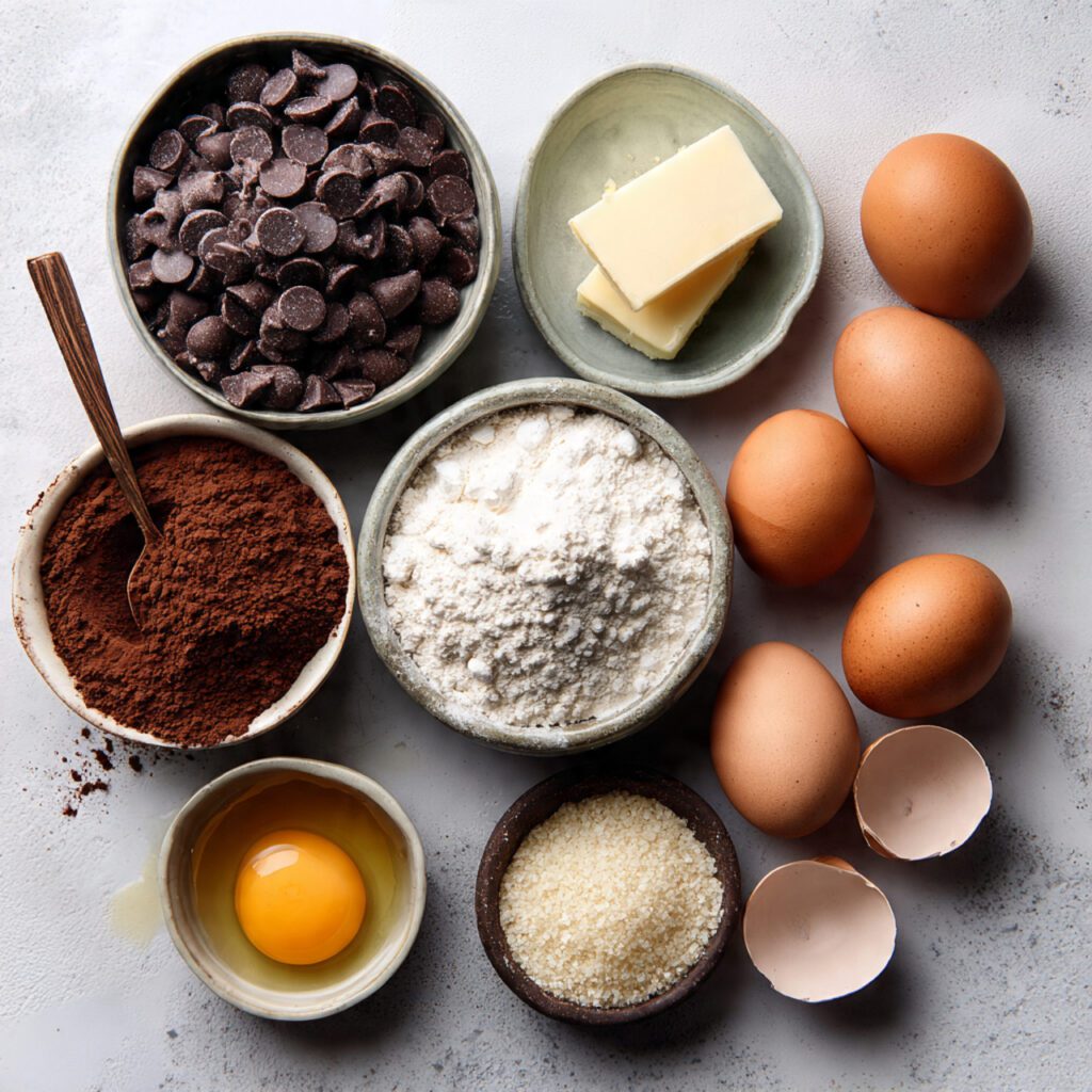 A flat lay collage showing the essential ingredients: dark chocolate chips, melted butter, eggs, granulated sugar, cocoa powder, and a small bowl of fine cricket flour.