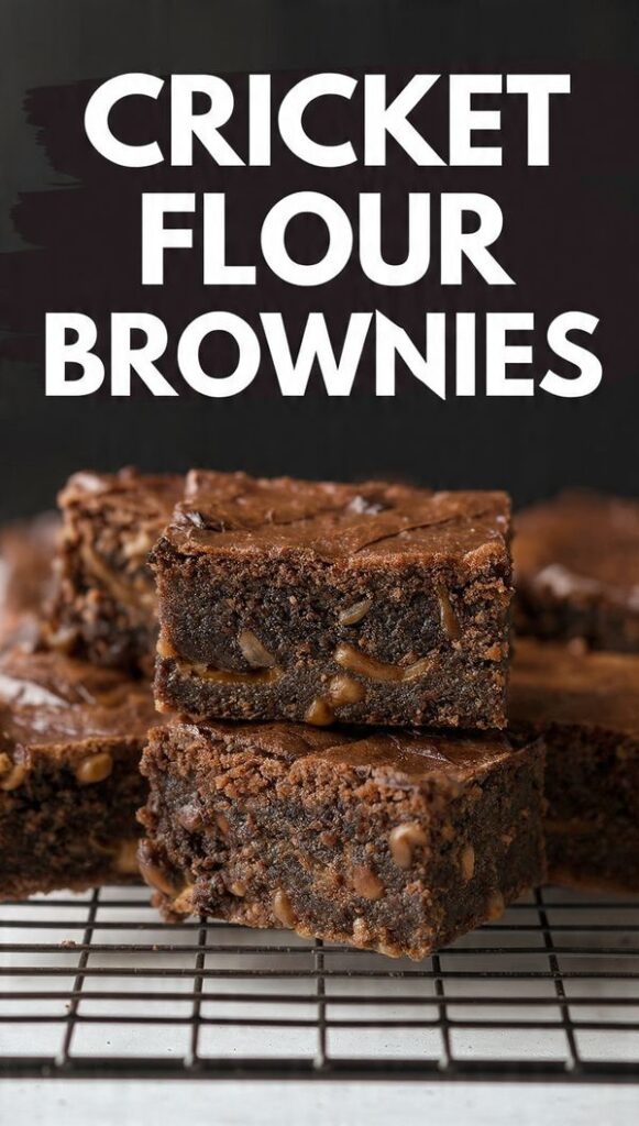 Close-up of a square of dark, fudgy Cricket Flour Brownie with a perfect shiny, crinkly crust on a cooling rack. The text overlay reads: "CRICKET FLOUR BROWNIES".