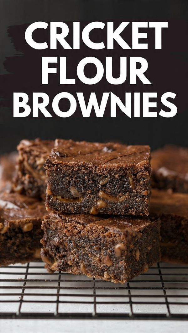 Close-up of a square of dark, fudgy Cricket Flour Brownie with a perfect shiny, crinkly crust on a cooling rack. The text overlay reads: "CRICKET FLOUR BROWNIES".