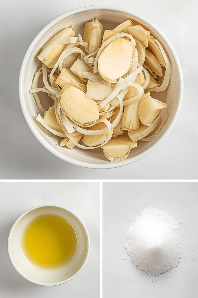Ingredient collage for Crispy Garlic showing thin raw garlic slices, neutral cooking oil, and salt.