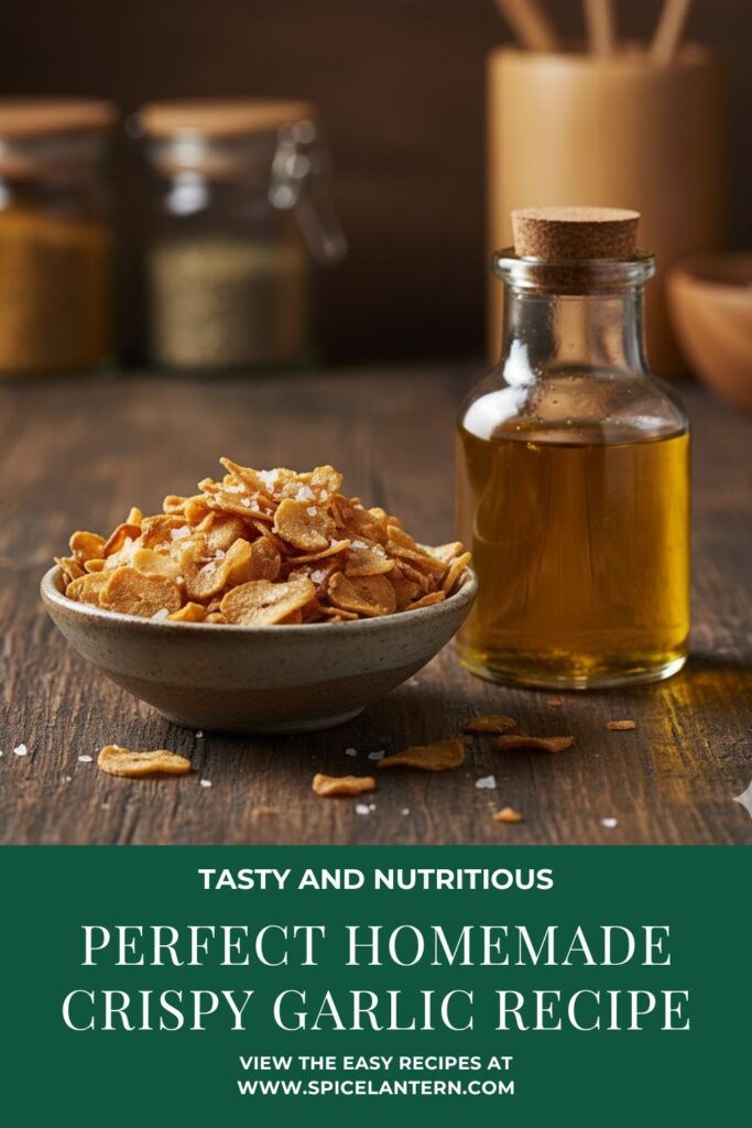 Close-up of a bowl of golden, crunchy Crispy Garlic flakes next to a jar of garlic-infused oil, featuring the text overlay: "CRISPY GARLIC."
