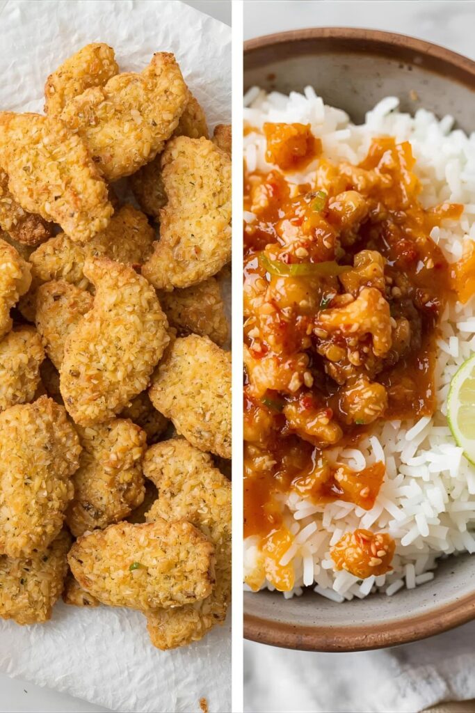 Macro view of two Crispy Garlic variants: a close-up of the golden crunch cooling, and a spicy chili garlic crunch version topping a dish.