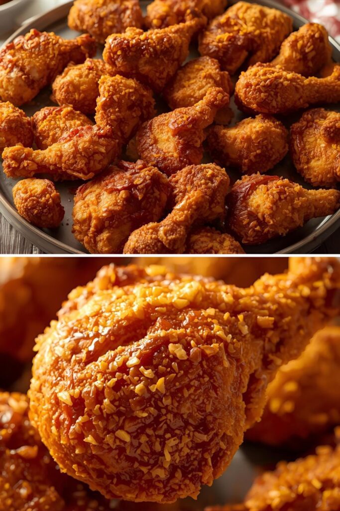 Two separate, irresistible images of cooked buttermilk fried chicken: one showing a pile of golden-brown pieces on a platter, and the other a close-up, detailed shot of the crispy, craggy texture of a single piece.