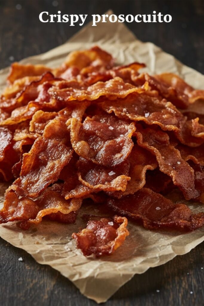 Close-up of golden-brown, shriveled, and crispy prosciutto crumbles on parchment paper. Text overlay reads: Crispy prosciutto.
