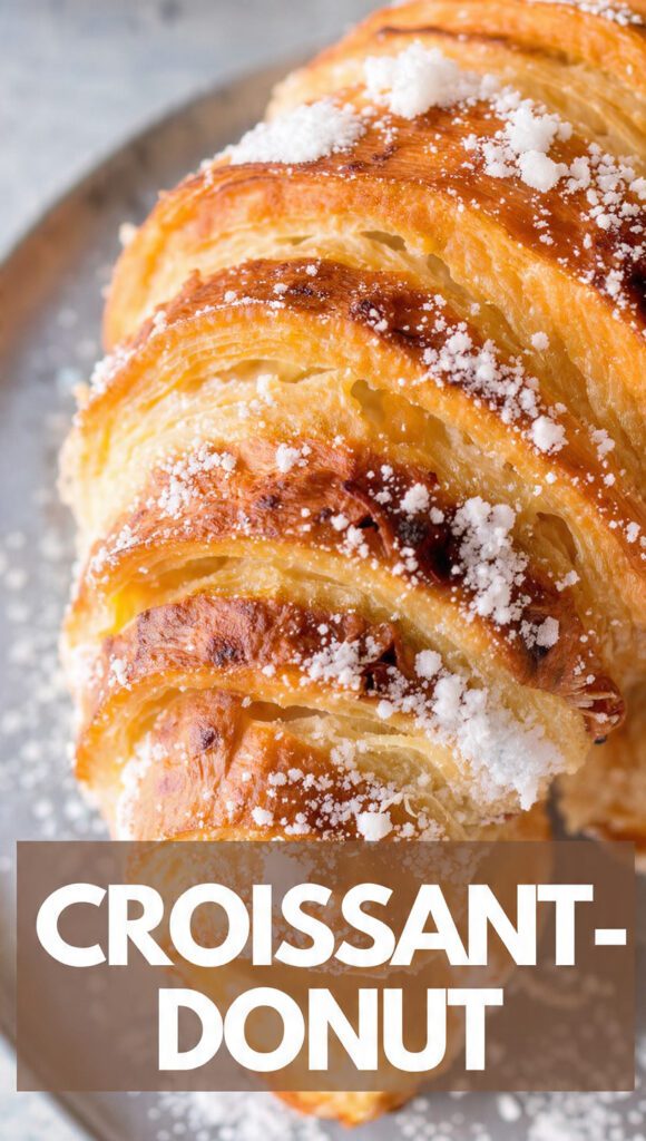 A close-up, dramatic photo of a freshly fried, layered Croissant-donut dusted heavily with powdered sugar, showcasing the flaky, visible layers on the side. The text overlay prominently displays "CROISSANT-DONUT" in a delicious, bold font.