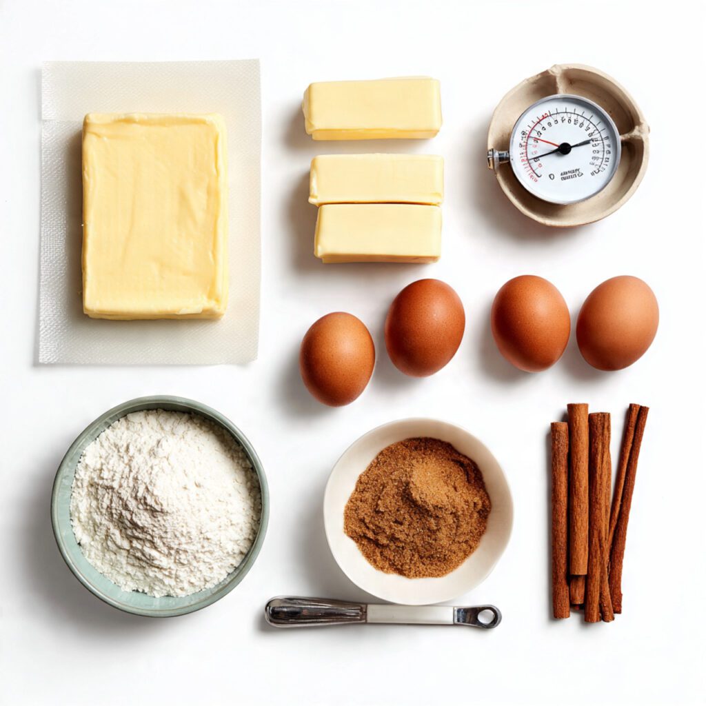 A flat-lay collage of the main ingredients: a sheet of puff pastry, sticks of butter, eggs, a deep-fry thermometer, and granulated sugar, arranged on a marble surface