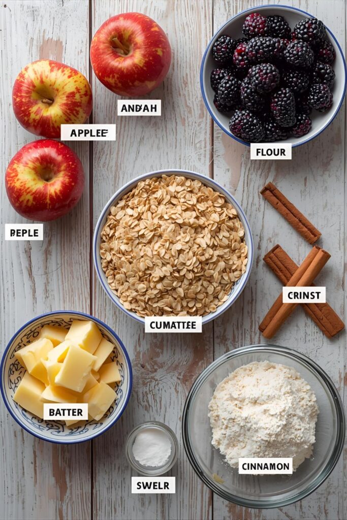 A high-quality collage of all the fresh ingredients used for the deconstructed crumble recipe: apples, blackberries, rolled oats, butter, flour, and cinnamon, all arranged artistically on a rustic wood background.