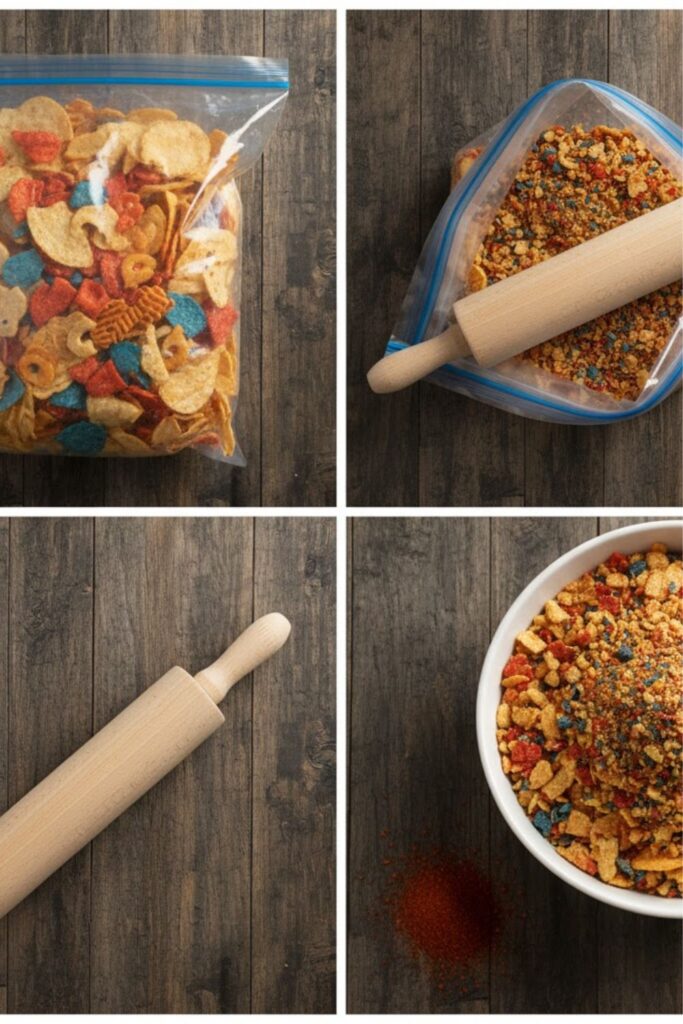 A flat-lay collage featuring the key items: a sturdy gallon-sized Ziploc bag filled with chips, a heavy rolling pin, a shallow dish holding the final crumbs, and a small pinch of extra seasoning (like paprika).