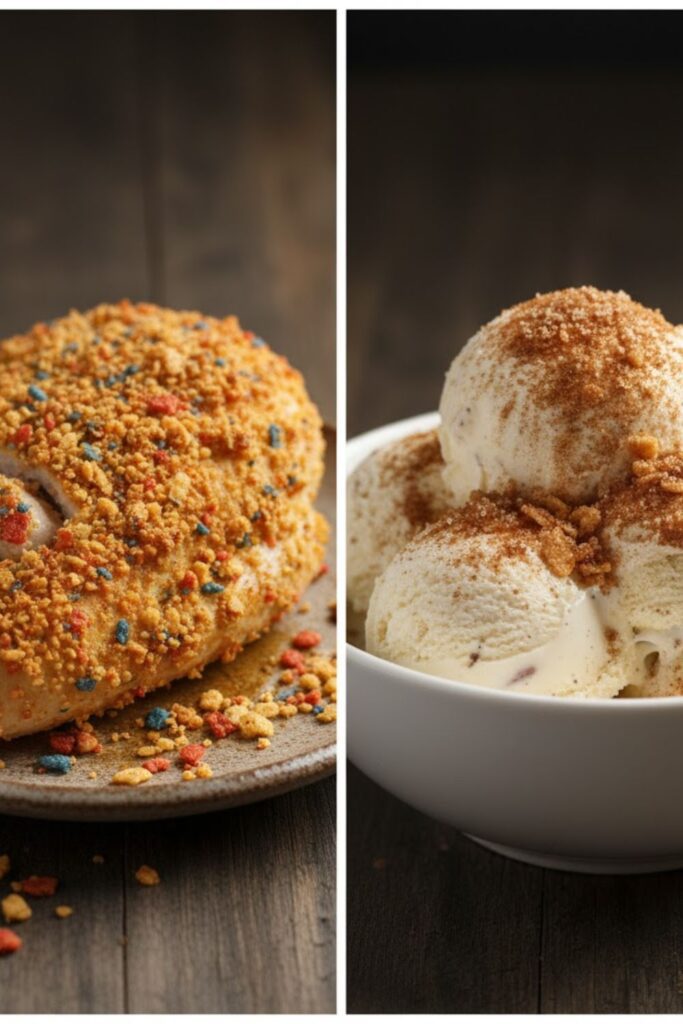 A side-by-side image: On the left, a piece of baked chicken breast coated in a crunchy Crushed chips crust. On the right, a close-up of a spoonful of vanilla ice cream topped with the sweet cinnamon sugar Crushed chips variation.