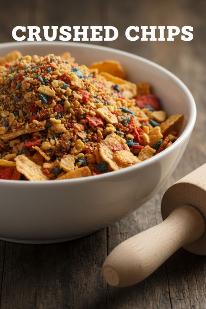 A close-up, high-contrast image showing a bowl of coarse, irregularly Crushed chips (likely potato or corn) next to a rolling pin, emphasizing the texture. The text overlay reads: CRUSHED CHIPS.
