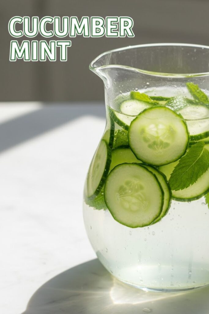 A close-up, vibrant overhead shot of a glass pitcher filled with clear cucumber mint infused water, featuring fresh cucumber slices and mint leaves, with the bold text overlay: CUCUMBER MINT.