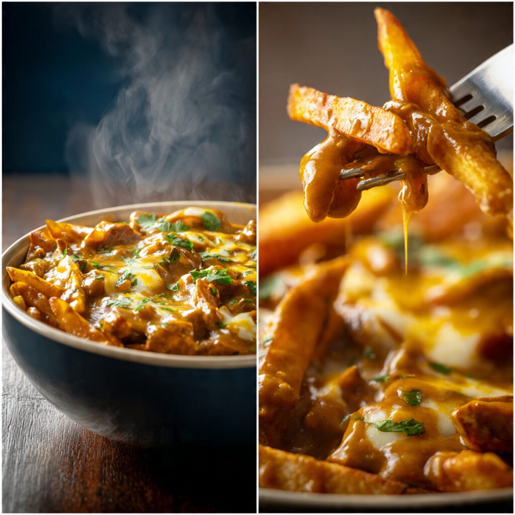 Two views of Curry Poutine: a full serving in a bowl and a close-up fork shot showing the sauce and curds.
