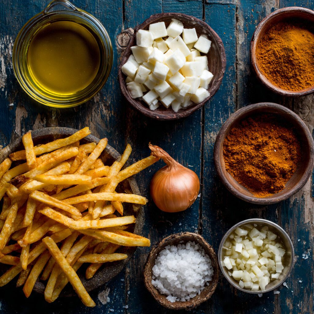 Flat lay collage of raw Curry Poutine ingredients: french fries, cheese curds, curry powder, and coconut milk.