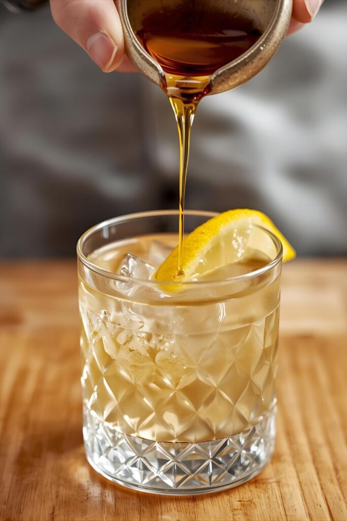 Close-up of a cocktail being sweetened with Darjeeling syrup, showing the elegant presentation.
