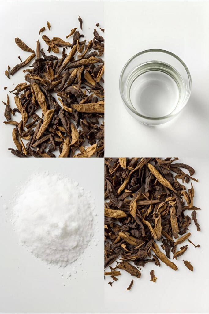 Flat lay collage of all ingredients: loose Darjeeling tea leaves, sugar, and water in an elegant setting.