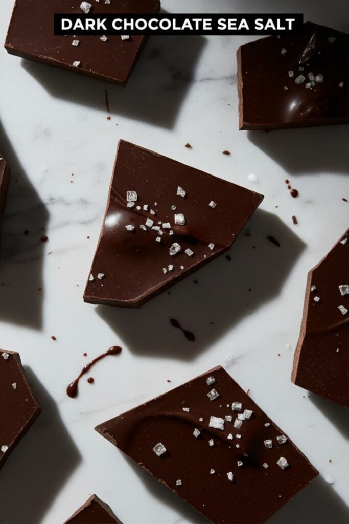 A viral, indulgent, and highly clickable image of shattered Dark chocolate sea salt bark pieces on a marble surface, with the text overlay "DARK CHOCOLATE SEA SALT" in a bold, white font.