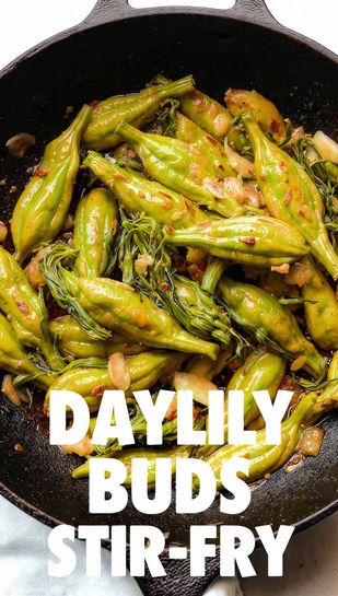 A vibrant, glossy daylily buds stir-fry in a wok, showing the bright green, closed flower buds coated in a light brown savory sauce with visible garlic pieces. Text overlay reads: DAYLILY BUDS STIR-FRY