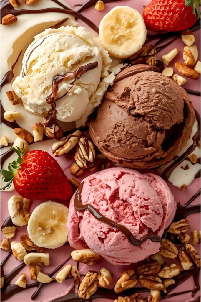 Ingredient collage for Deconstructed Banana Split showing three ice cream scoops, sliced banana, hot fudge, and nuts.