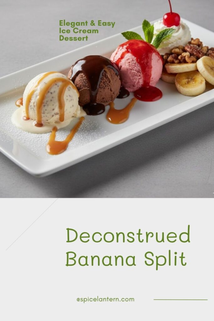 Close-up of an elegantly plated Deconstructed Banana Split with ice cream, banana, and sauce smears, featuring the text overlay: "DECONSTRUCTED BANANA SPLIT