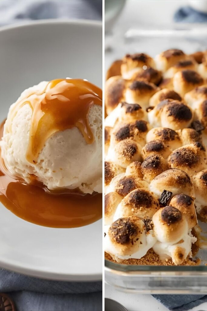 Macro view of two Deconstructed Banana Split variants: a close-up of the classic plating and the S'mores variation with marshmallows.