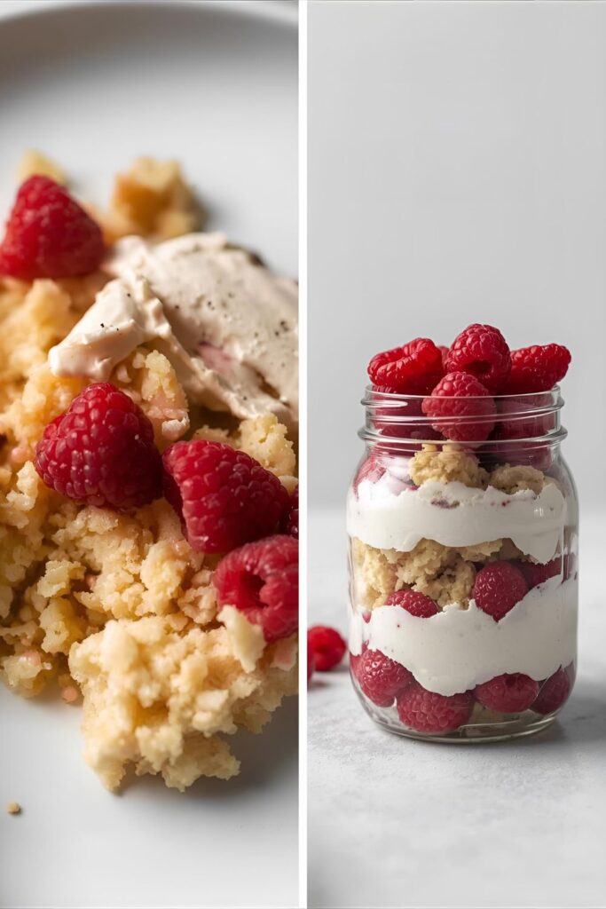 Two separate, styled images: one close-up of the plated abstract design, and one shot of the dessert layered in a jar.