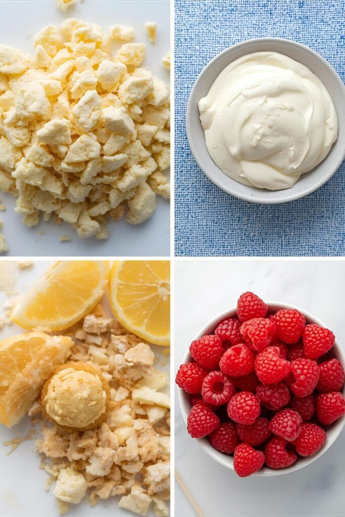 Flat lay collage of cake components: cake crumbles, cream cheese frosting, and raspberries.