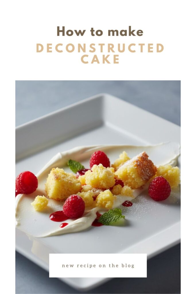 "DECONSTRUCTED CAKE" text overlay on an elegant plated lemon raspberry dessert.