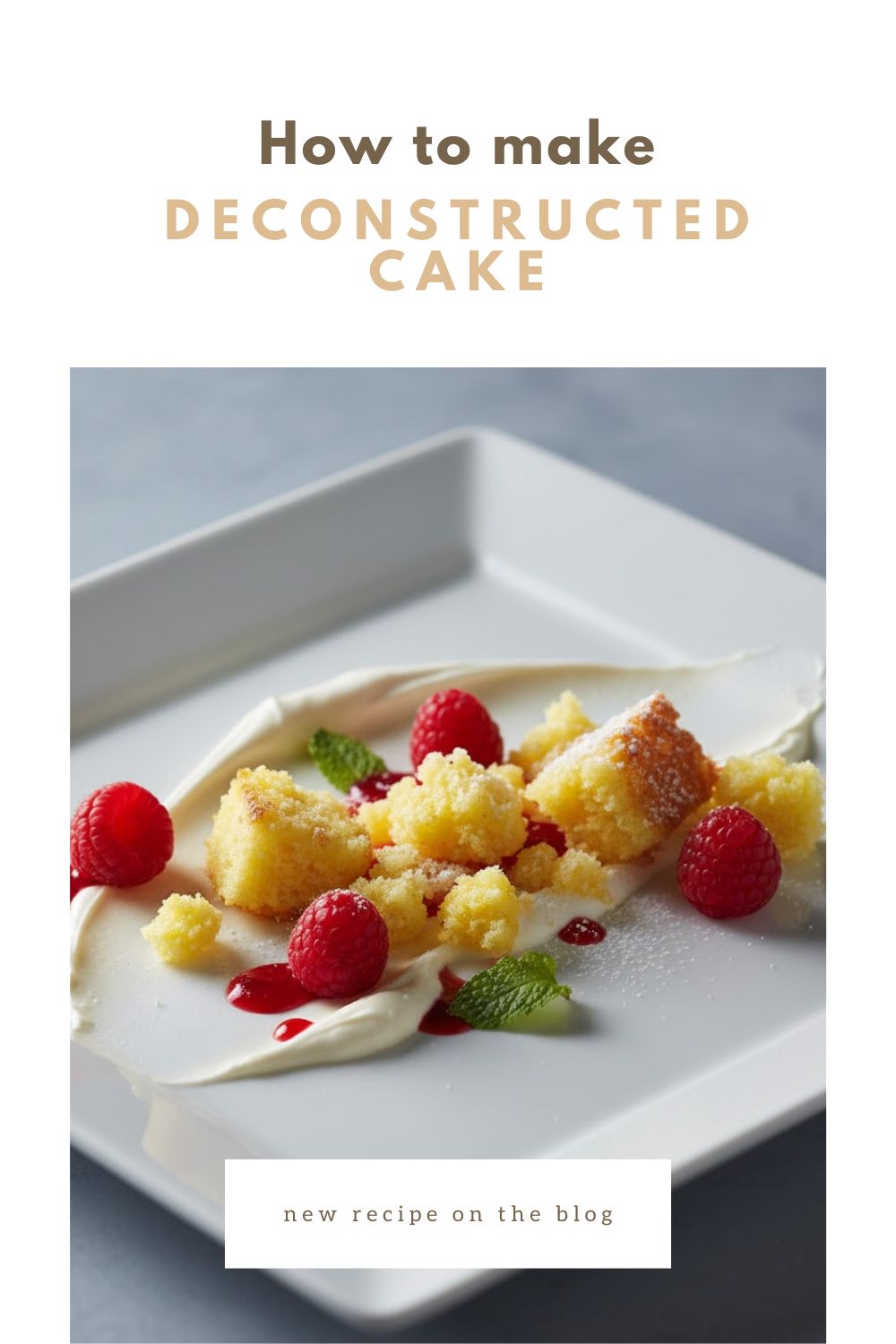 "DECONSTRUCTED CAKE" text overlay on an elegant plated lemon raspberry dessert.