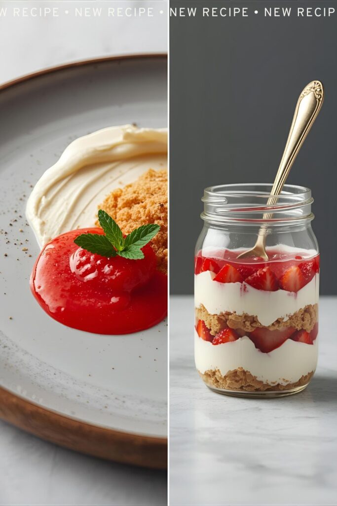 A diptych (two-panel image) featuring two elegant serving styles. Left Side (Abstract Plating): Extreme close-up shot of the plated abstract design, focusing on a smear of creamy filling, a pile of crunchy graham crumbs, and a portion of bright strawberry sauce with a fresh mint garnish. Right Side (Jar Focus): A close-up, vertical shot of the dessert layered in a clear jar, with a vintage spoon inserted, highlighting the distinct, beautiful layers for the "grab-and-go" aesthetic. Use cool, high-contrast lighting.