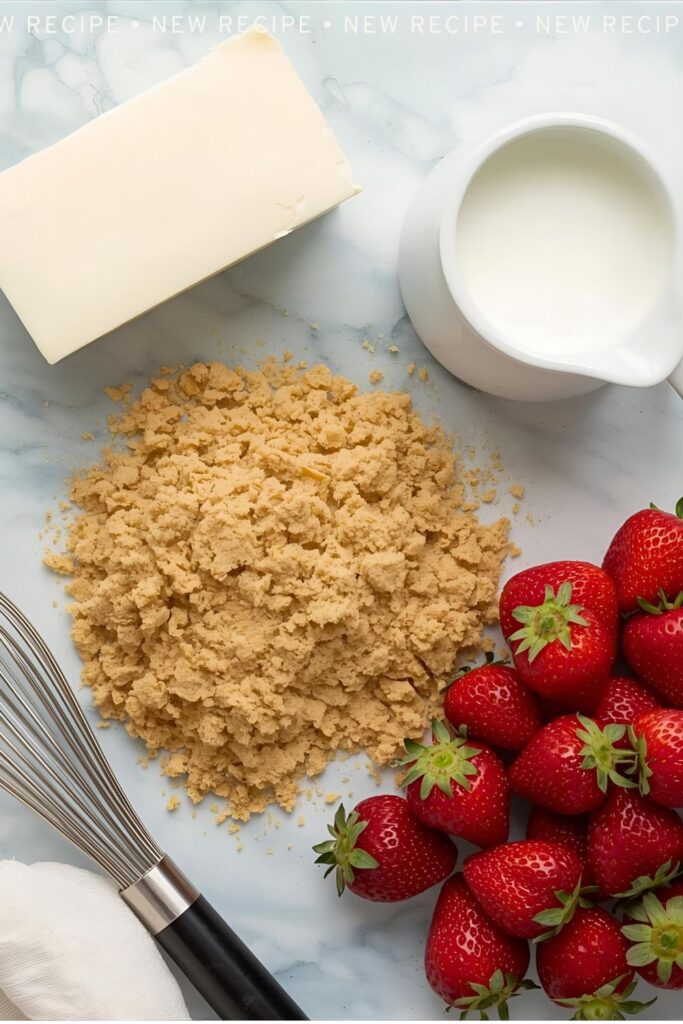 Overhead, bright, flat lay collage showcasing the three components of the deconstructed cheesecake: a block of cream cheese, a small pitcher of heavy cream, a pile of graham cracker crumbles, and a handful of fresh, whole strawberries, arranged on a light blue or white marble countertop. Include a whisk and a spoon for texture.