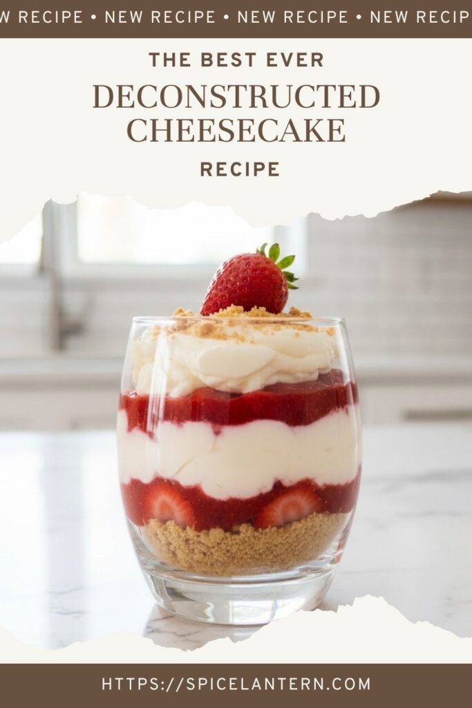 "DECONSTRUCTED CHEESECAKE" text overlay on a layered dessert in a glass jar.