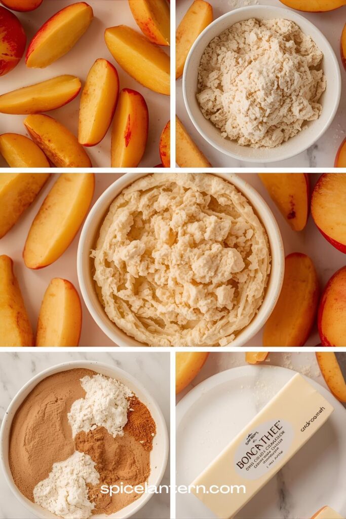 Ingredient collage for Deconstructed Cobbler showing sliced peaches, biscuit dough, cornstarch, cinnamon, and cold butter.