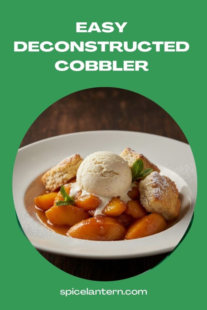 Close-up of an elegantly plated Deconstructed Cobbler with peach filling, crisp biscuit pieces, and ice cream, featuring the text overlay: "DECONSTRUCTED COBBLER."
