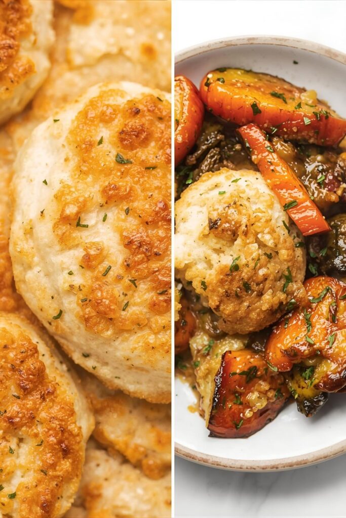 Macro view of two Deconstructed Cobbler variants: a close-up of the golden, flaky biscuit, and the savory herb and vegetable variation.