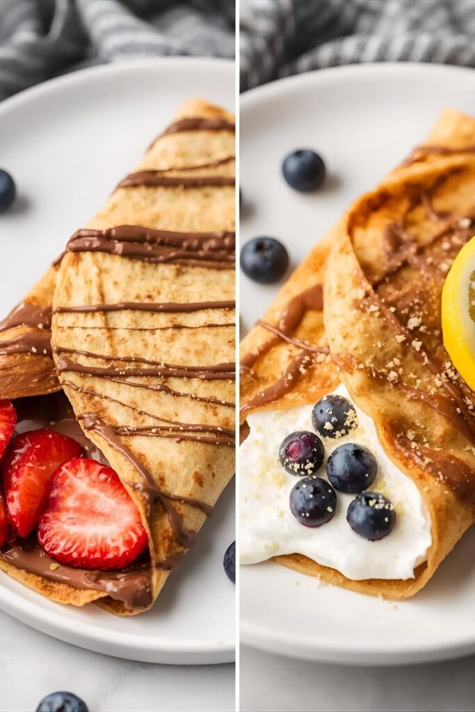 Two-section image. The left side is a macro close-up of a beautifully plated Deconstructed crepe with the classic Nutella and strawberry filling. The right side features the same dish using the lemon ricotta and blueberry filling variation.