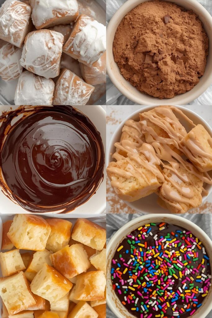 Ingredient collage for Deconstructed Donut showing cubed brioche, vanilla glaze, chocolate ganache, cinnamon sugar, and sprinkles.