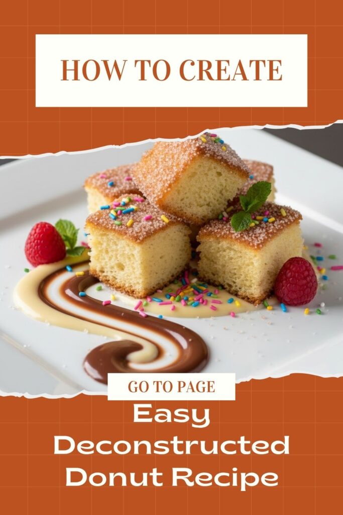 Close-up of an elegantly plated Deconstructed Donut with brioche chunks, chocolate drizzle, and sprinkles, featuring the text overlay: "DECONSTRUCTED DONUT."