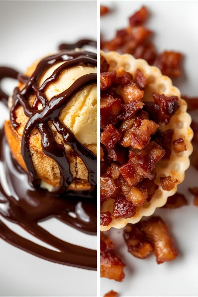 Macro view of two Deconstructed Donut variants: a close-up of the classic plating with ice cream, and the maple bacon bourbon variation with crushed bacon.