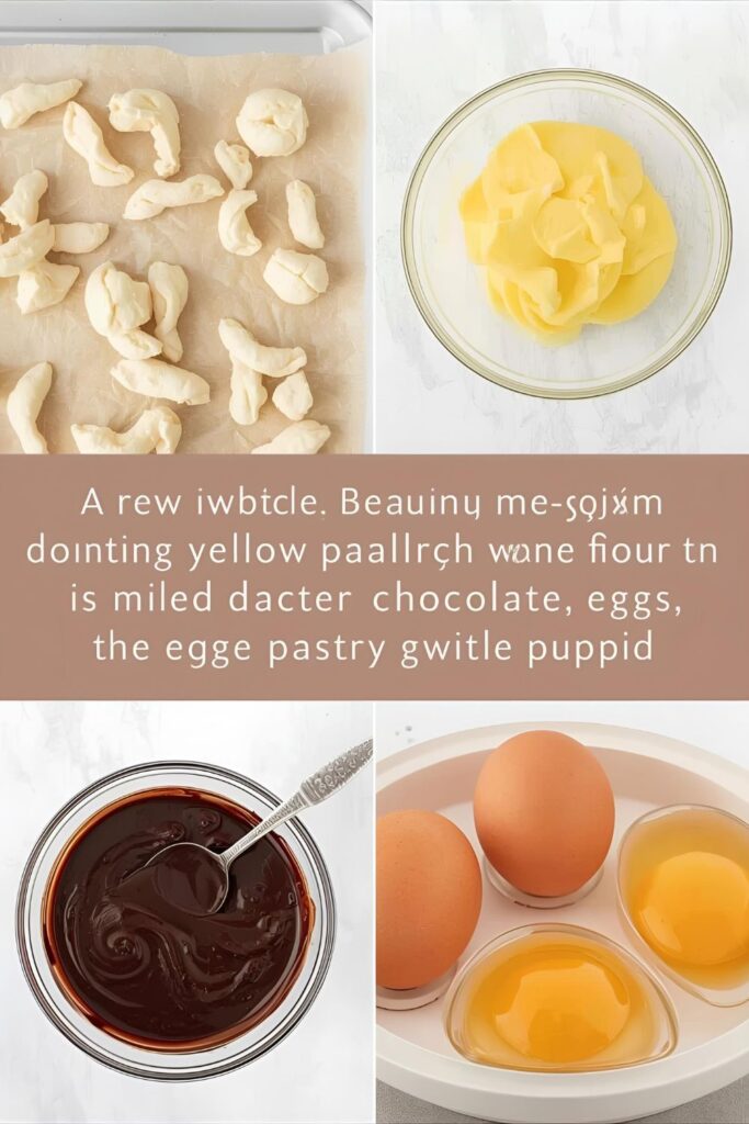 Ingredient collage for Deconstructed Éclair showing choux puffs, pastry cream, chocolate glaze, and eggs.