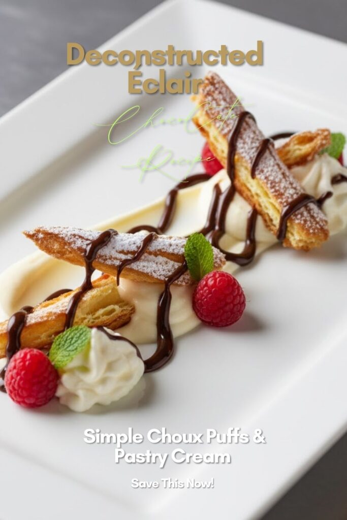 Close-up of an elegantly plated Deconstructed Éclair with choux shards, pastry cream, and chocolate glaze, featuring the text overlay: "DECONSTRUCTED ÉCLAIR."