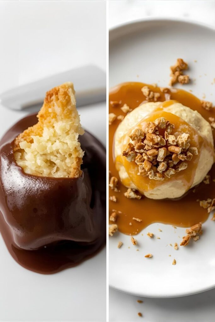 Macro view of two Deconstructed Éclair variants: a close-up of a choux shard with glaze, and the salted caramel variation plating.