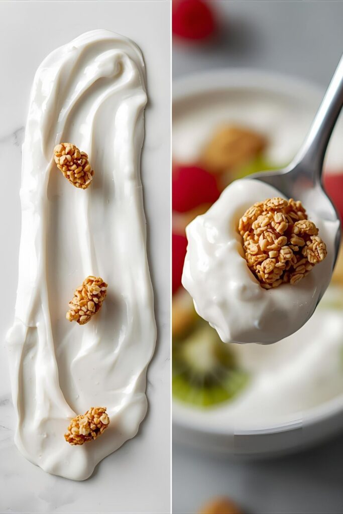 Two separate, styled images: one close-up of the abstract smear with crunch, and one shot showing a perfect bite.