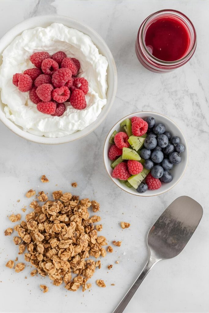 Flat lay collage of parfait components: Greek yogurt, kiwi, raspberries, granola, and sauce.