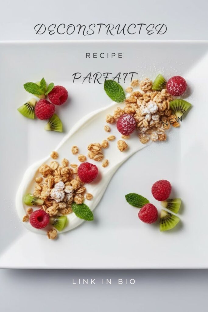"DECONSTRUCTED PARFAIT" text overlay on a white plate showing an elegant smear of yogurt and scattered berries.