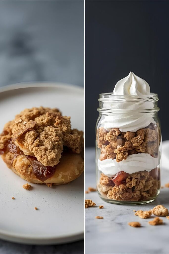 Two separate, styled images: one close-up of the plated dessert, and one shot of a jar layered with the components.