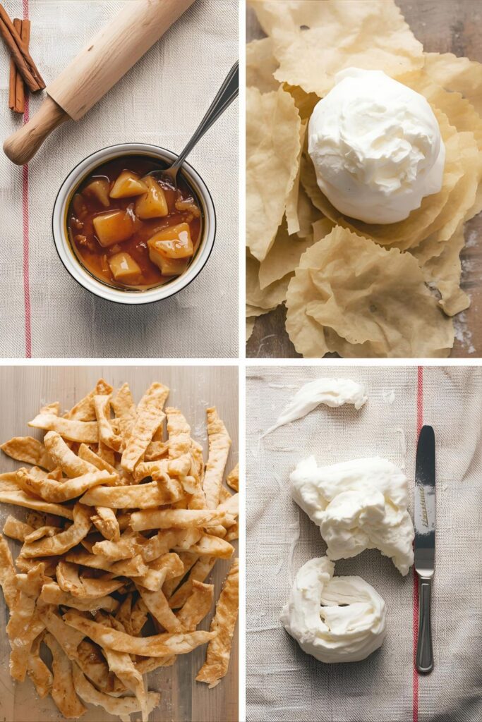 Flat lay collage of deconstructed pie elements: cooked apples, pastry shards, and whipped cream.