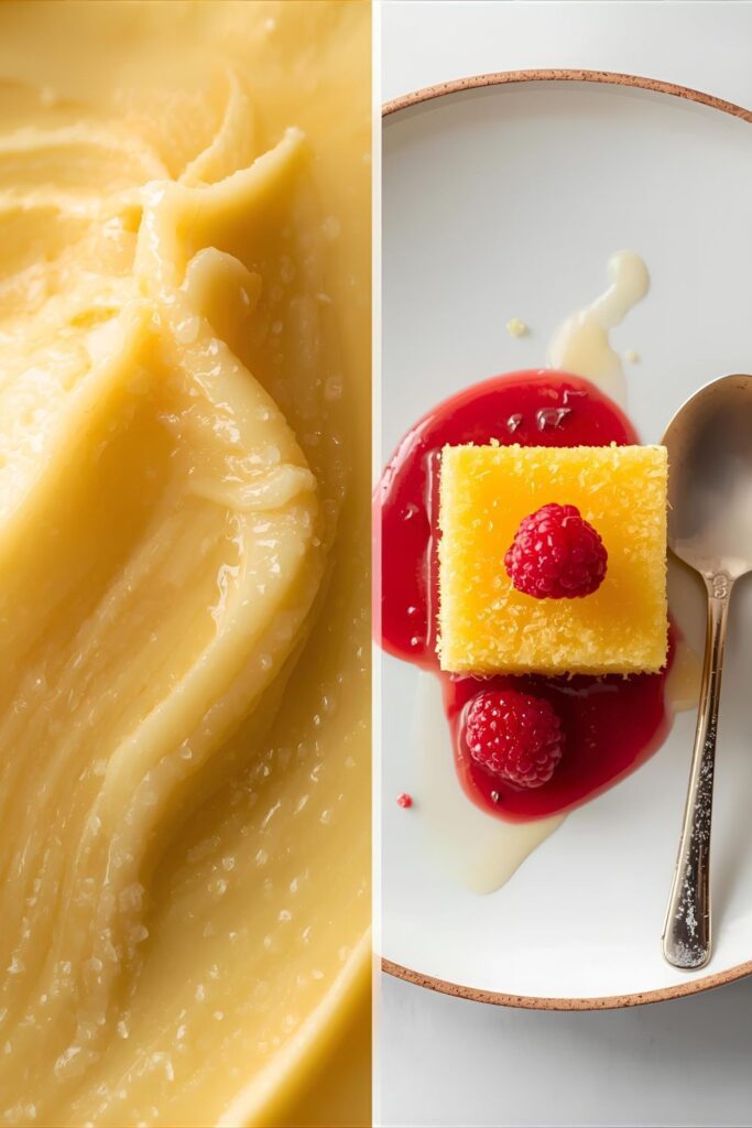 Two separate, styled images: one close-up of the plating and custard smear, and one shot of the finished dish with a spoon ready for eating.